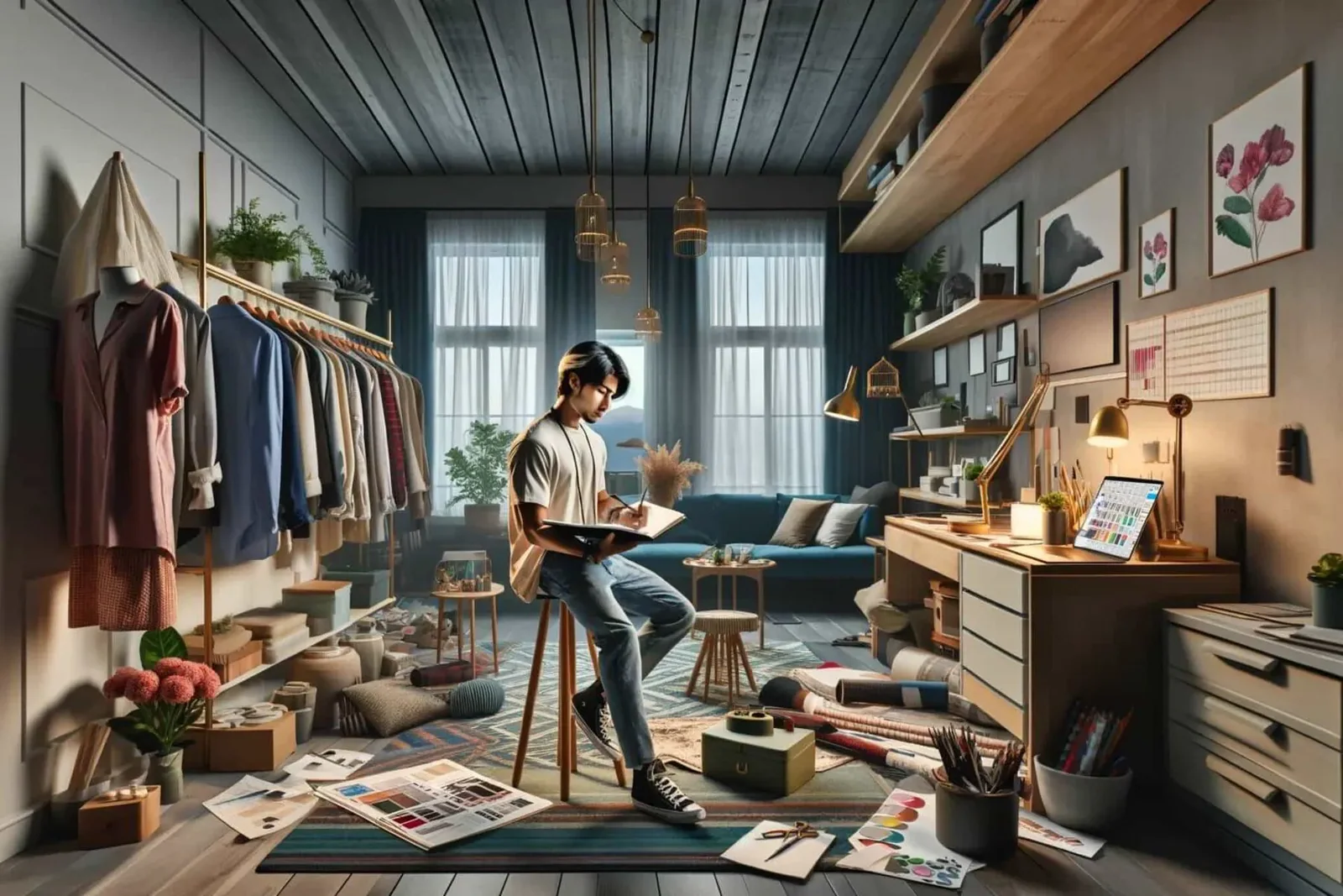 Young interior designer working on different designs