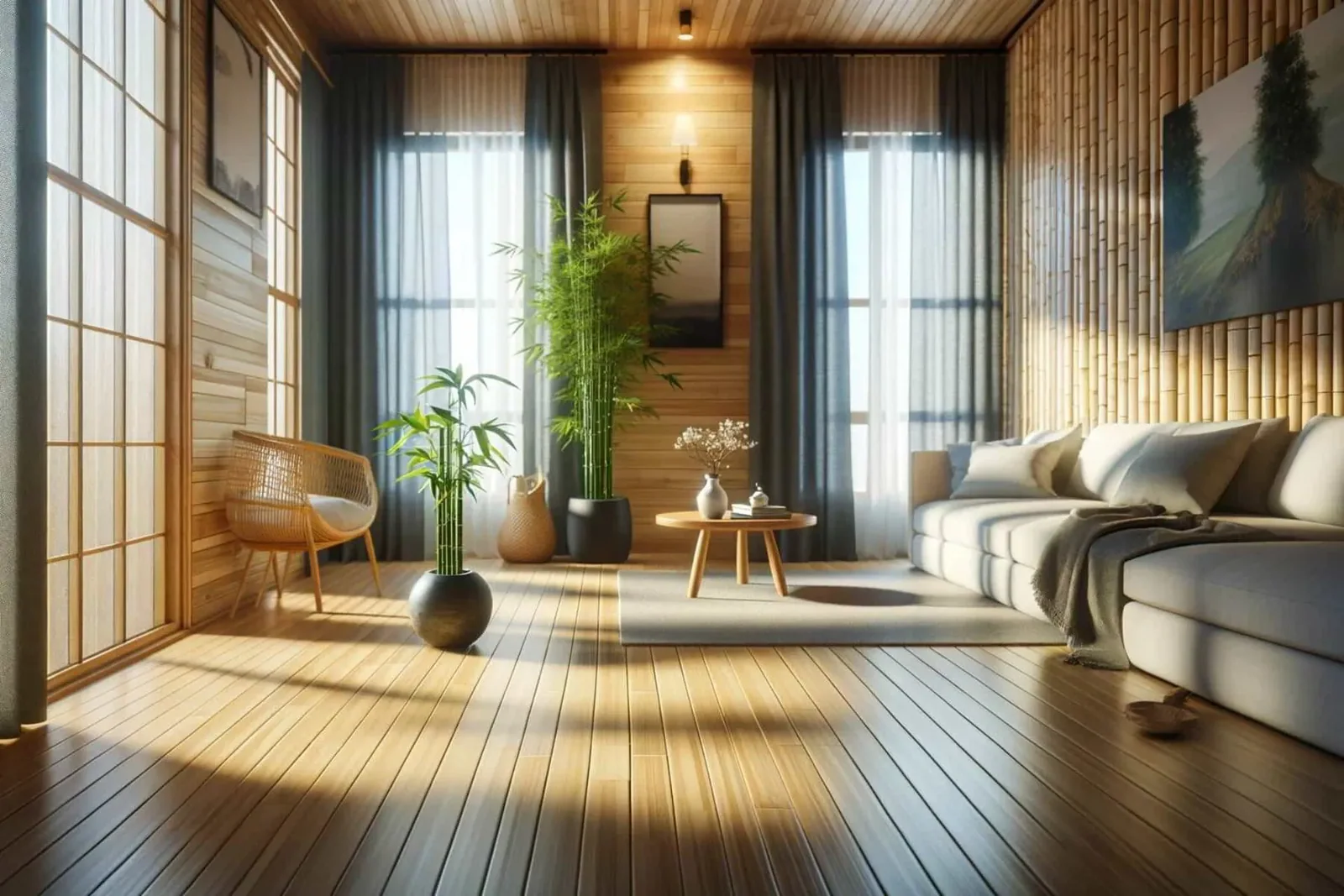 visually represents the advantages of bamboo flooring for a home