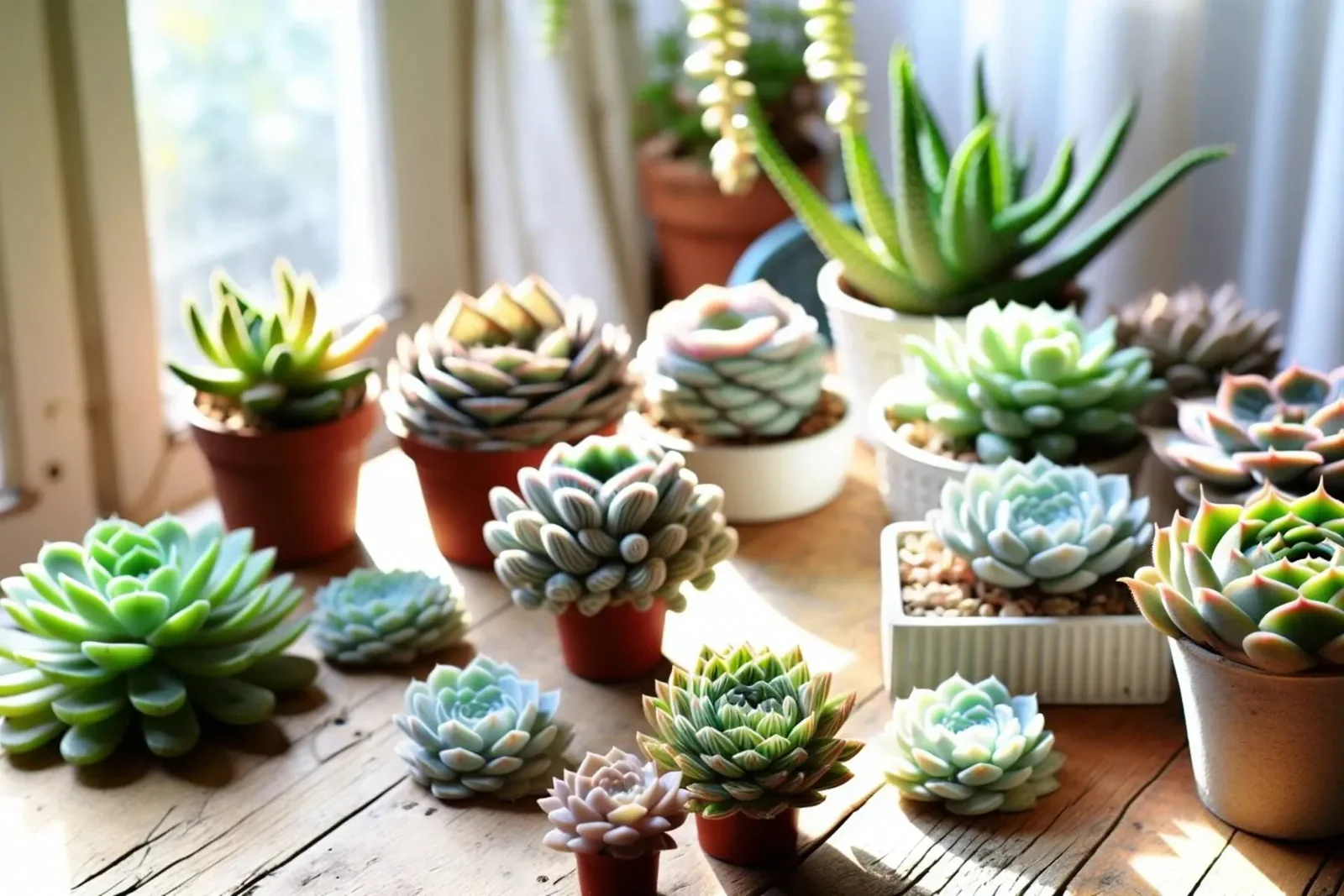 Haworthia and Echeveria succulents in a bright, airy setting