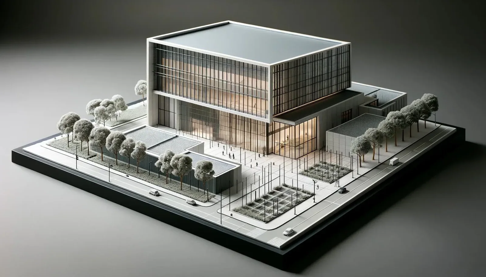 A detailed scale model of a modern building, featuring a main structure with a flat roof, extensive large paneled windows, and a distinct side entrance