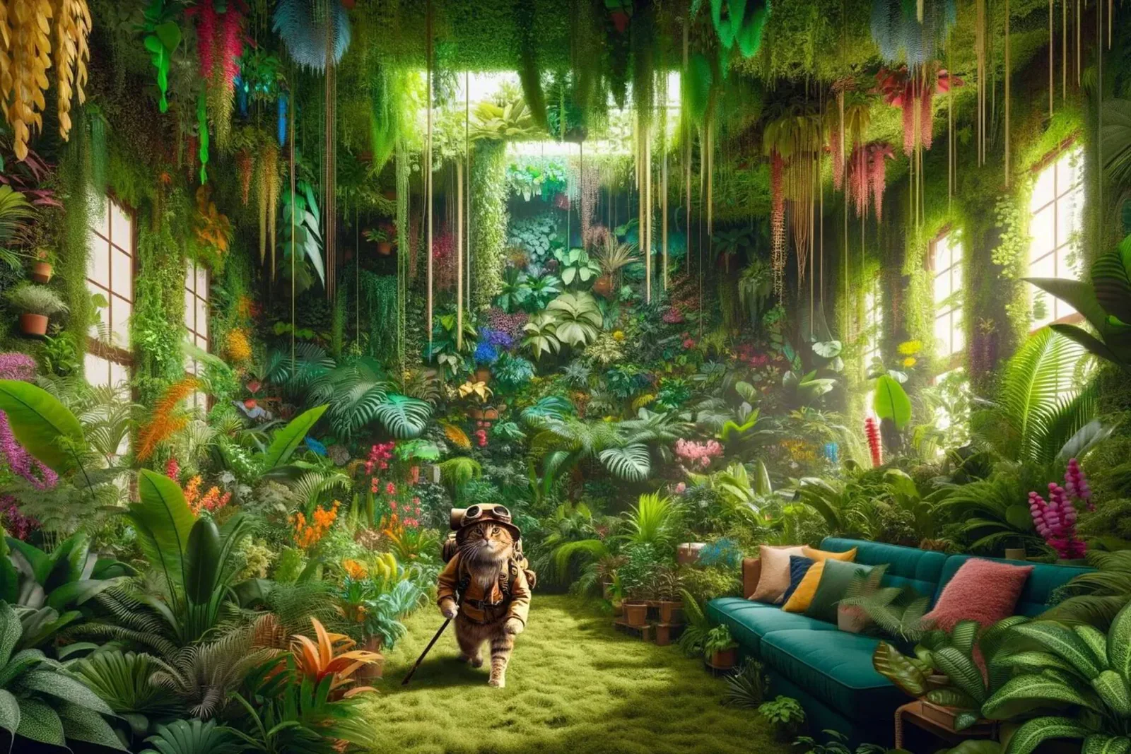 An intrepid cat explorer navigating a room jungle