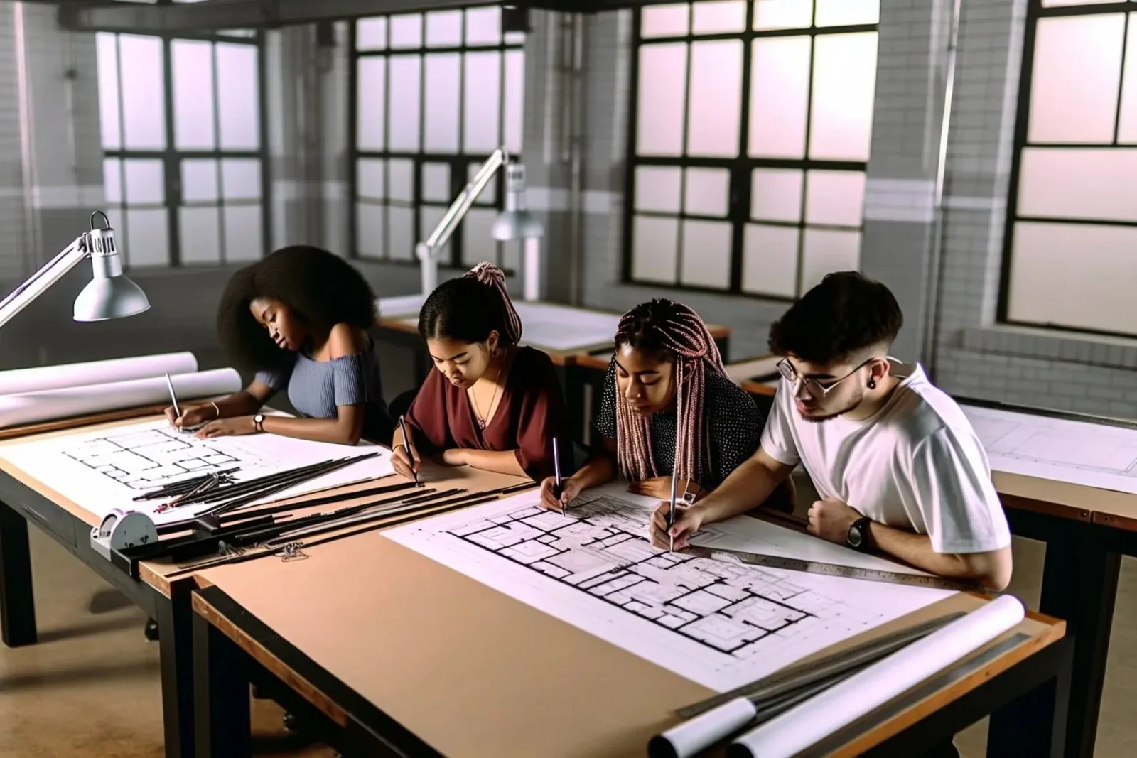 Interior design students studying