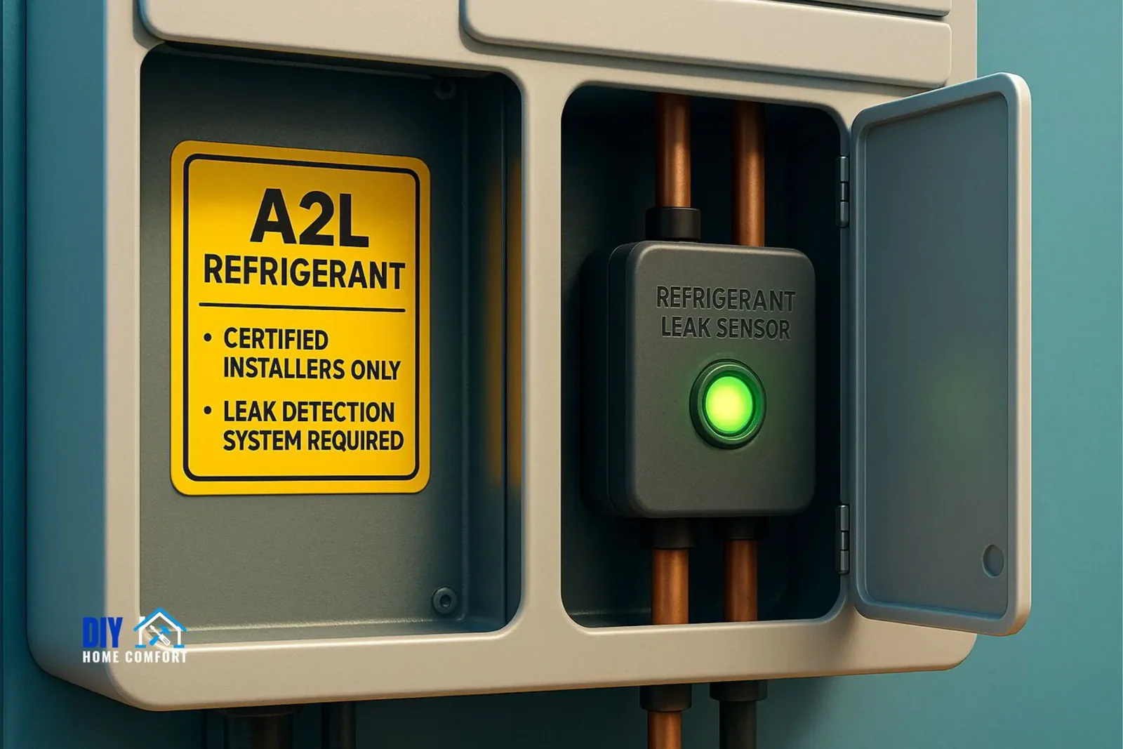 Pixar-style close-up of an A2L refrigerant safety label next to a glowing leak sensor inside an air-handler panel.