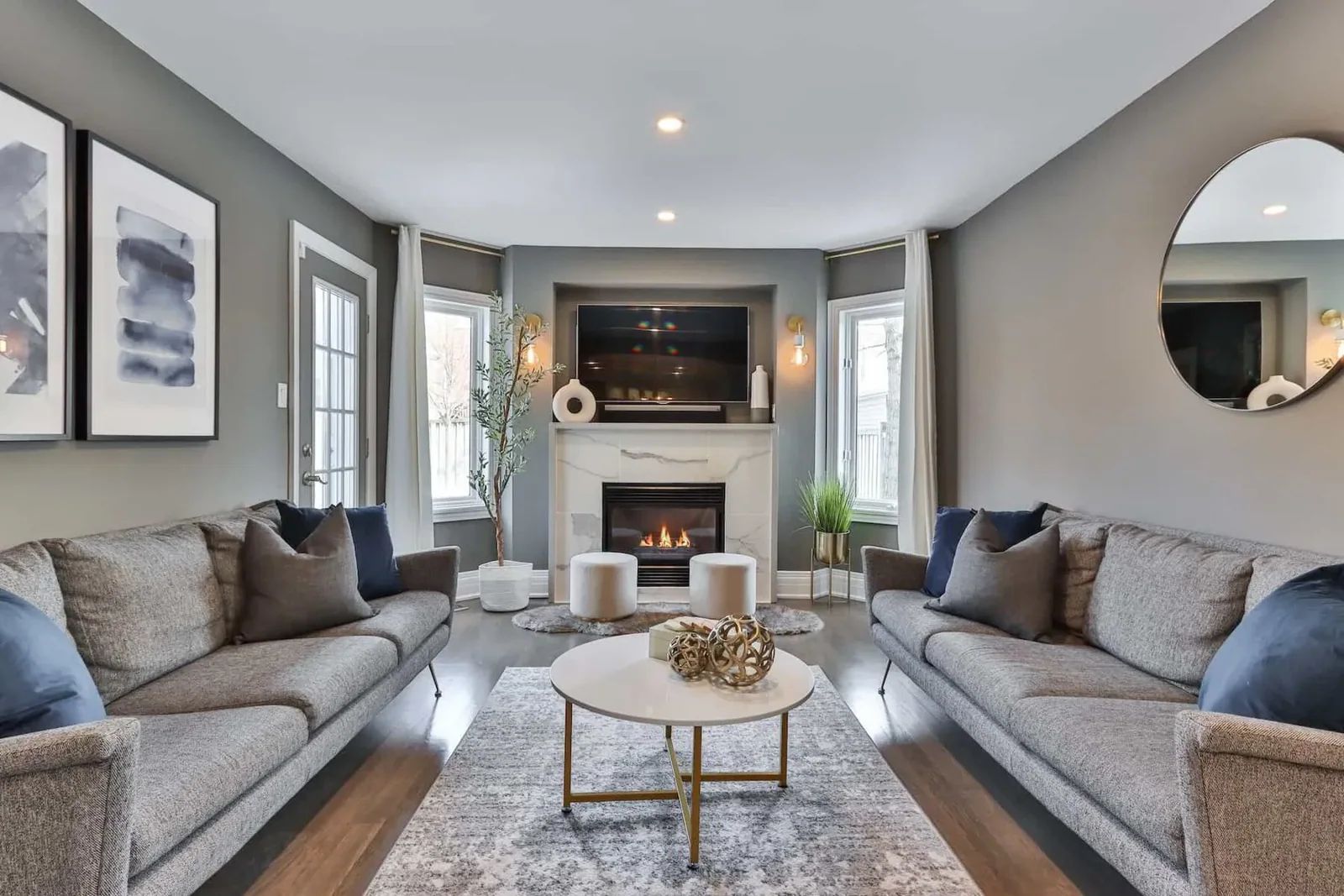 living room heated with a wood fire