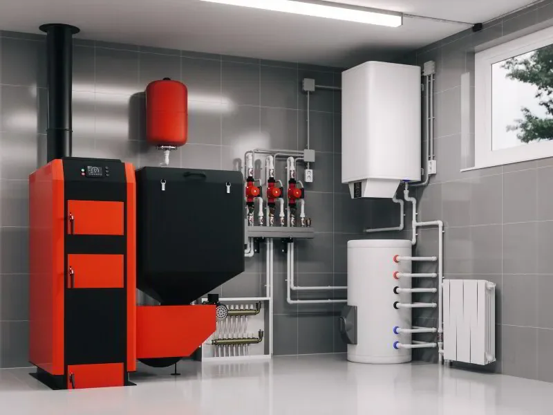 Hybrid heating system in basement