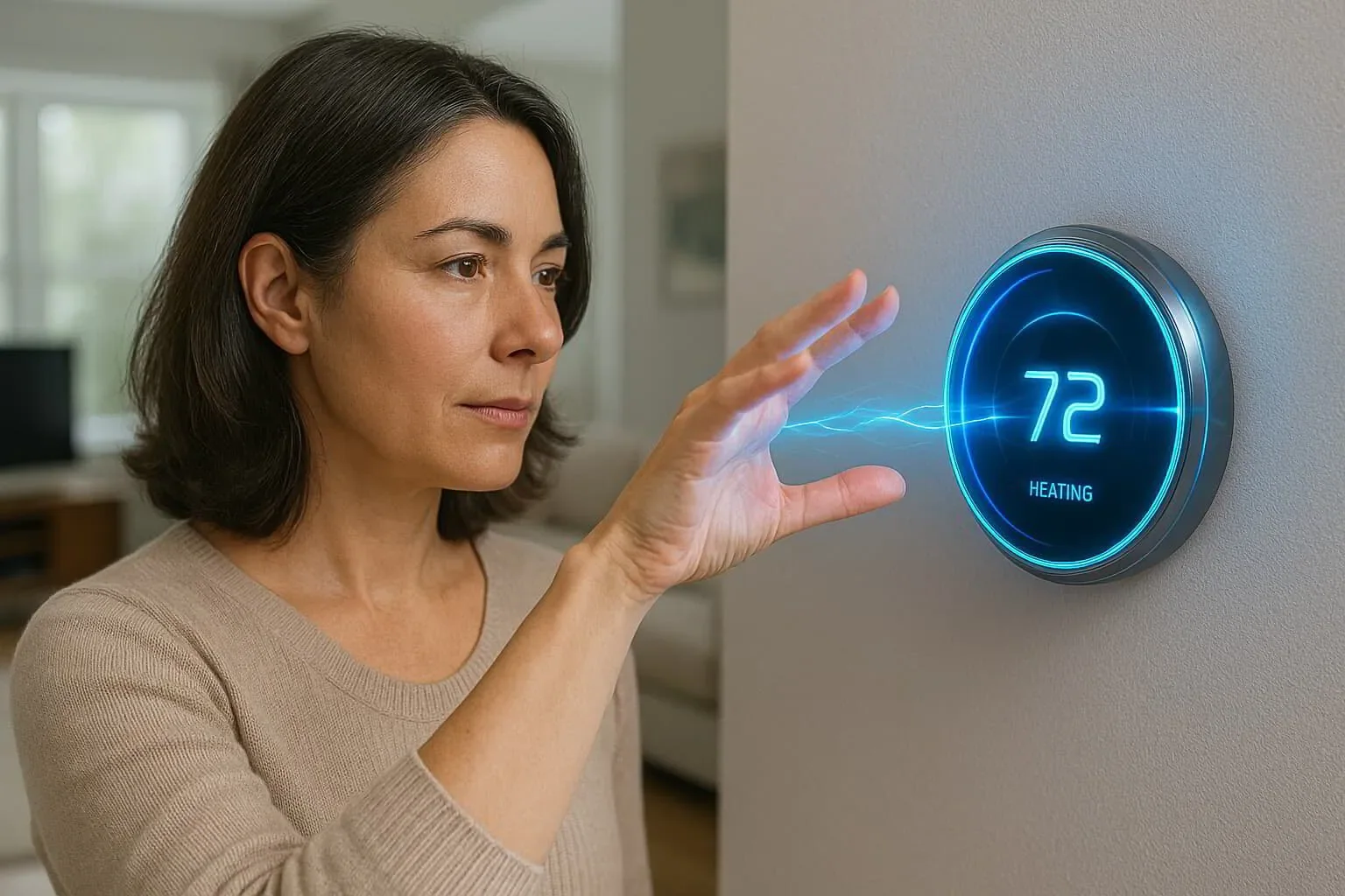 Female homeowner using neurolink to change her homes thermostat
