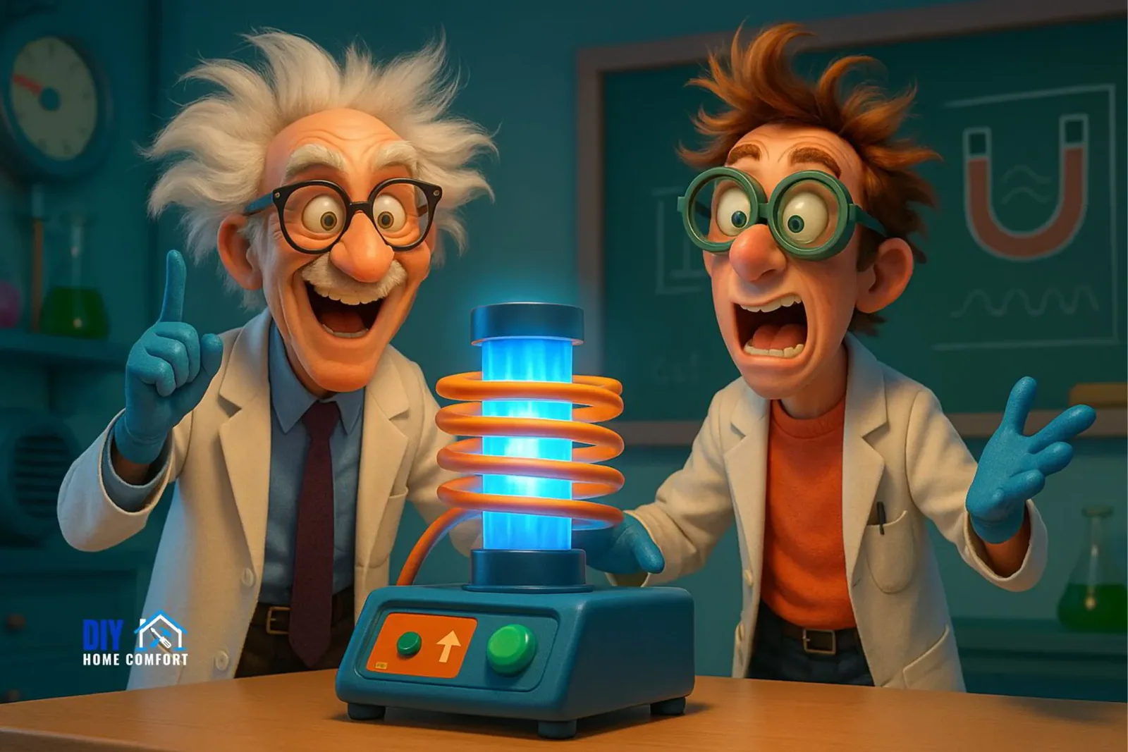 Whimsical Pixar-style illustration of two wild-haired scientists excitedly demonstrating a futuristic refrigerant-free magnetocaloric cooling device