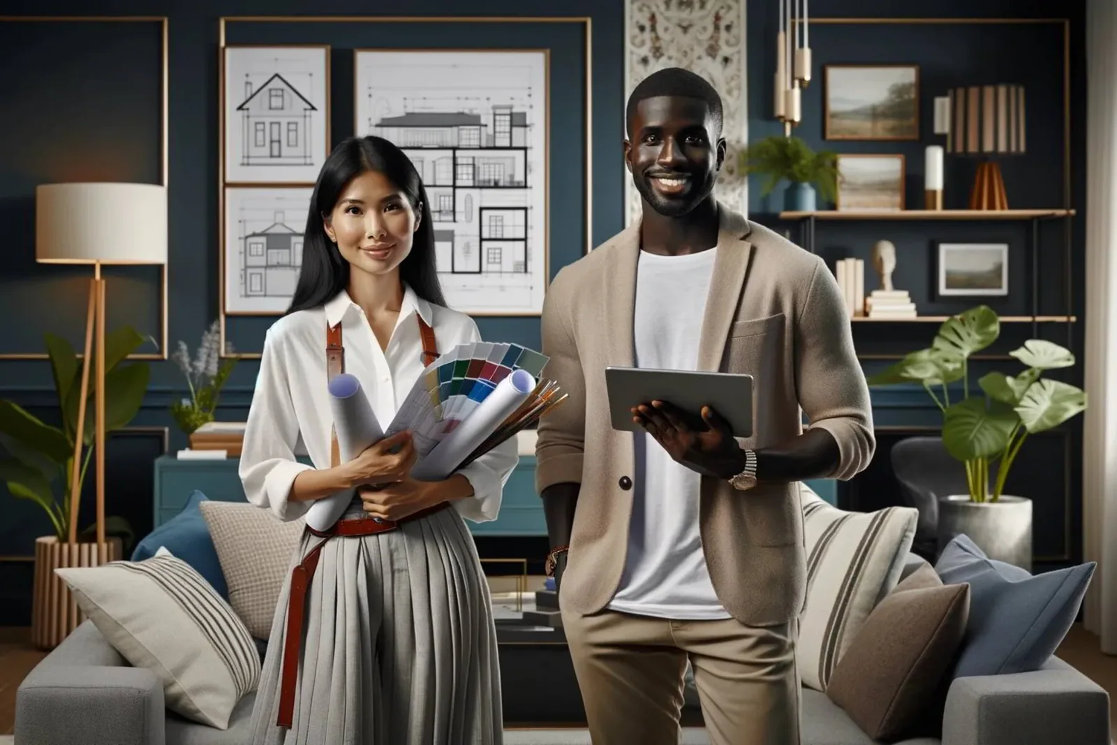 An interior designer and an interior decorator standing side by side in a modern living room setting