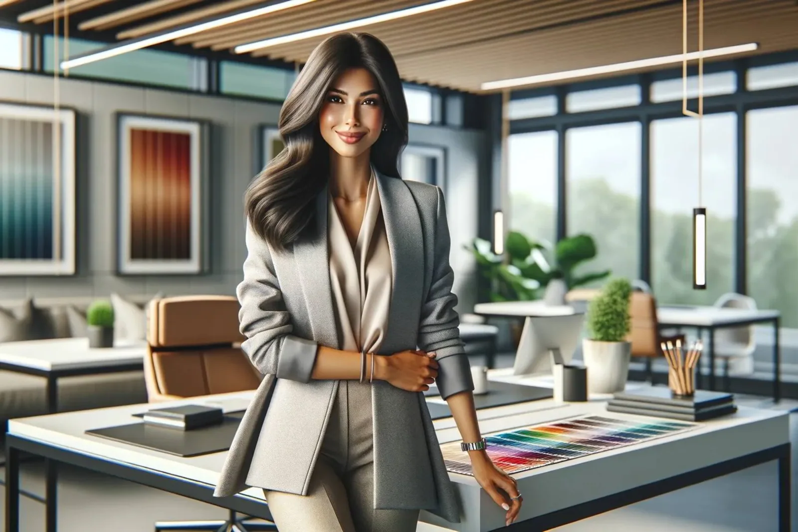 stylish interior designer, of South Asian descent and female, in a modern office