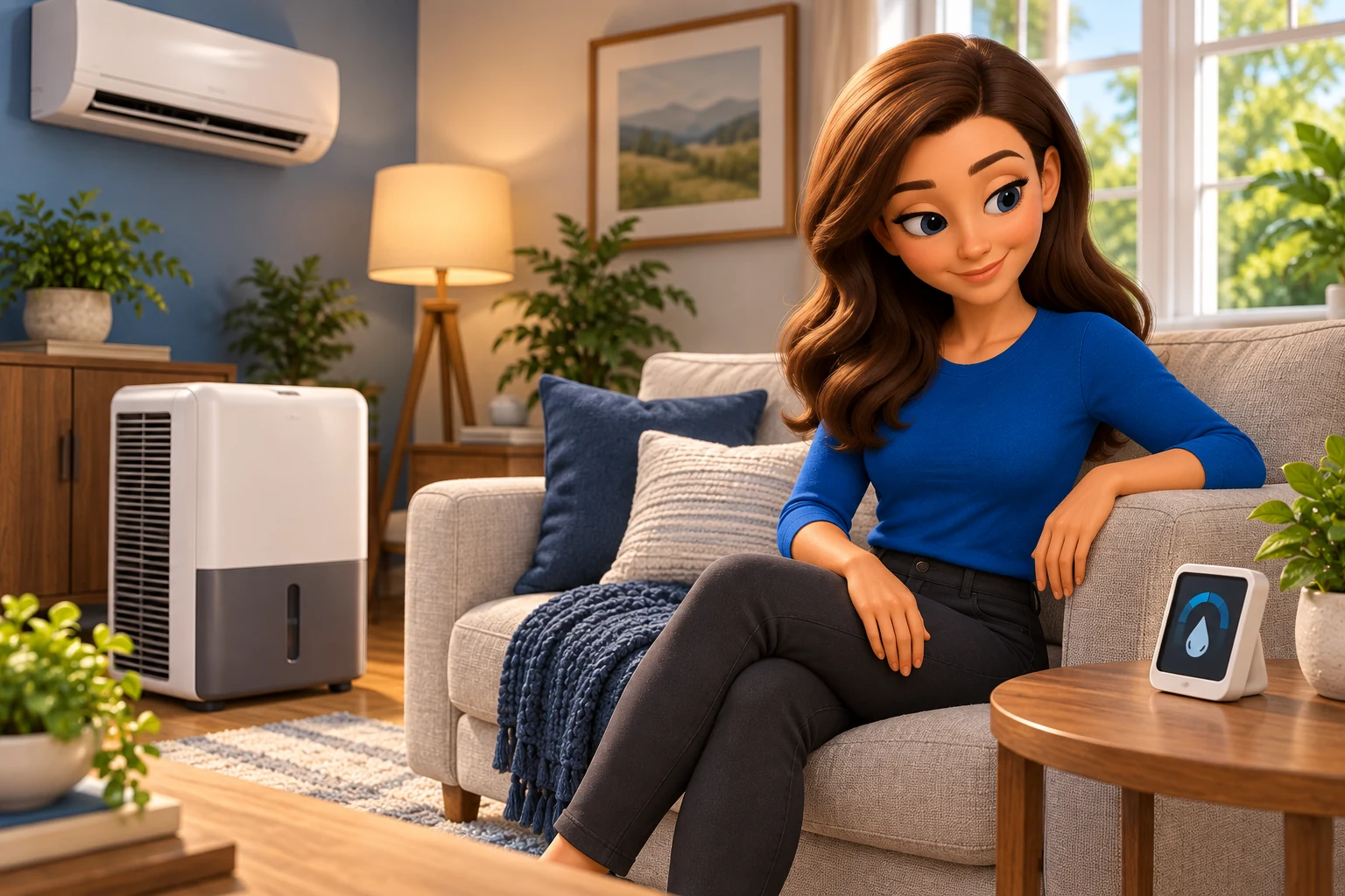 Mascot observing a hygrometer in a living room with a dehumidifier and wall air conditioner.