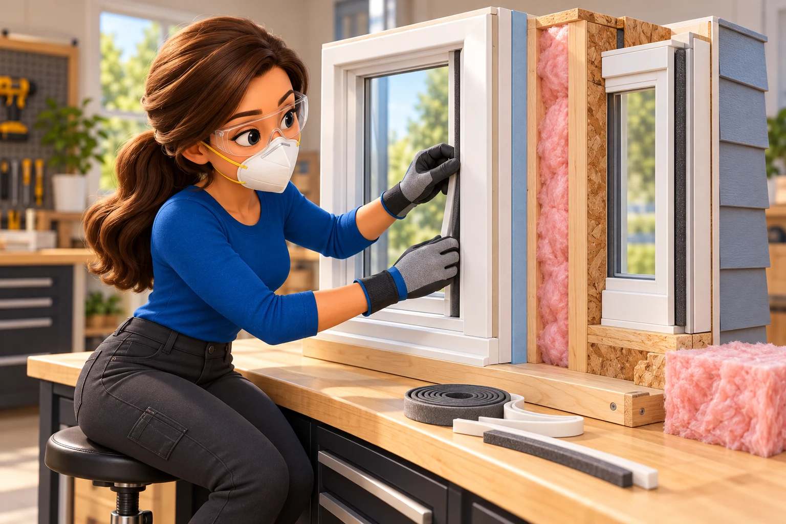 Female mascot wearing goggles, gloves and a particulate respirator while examining a window-seal teaching sample beside insulation.