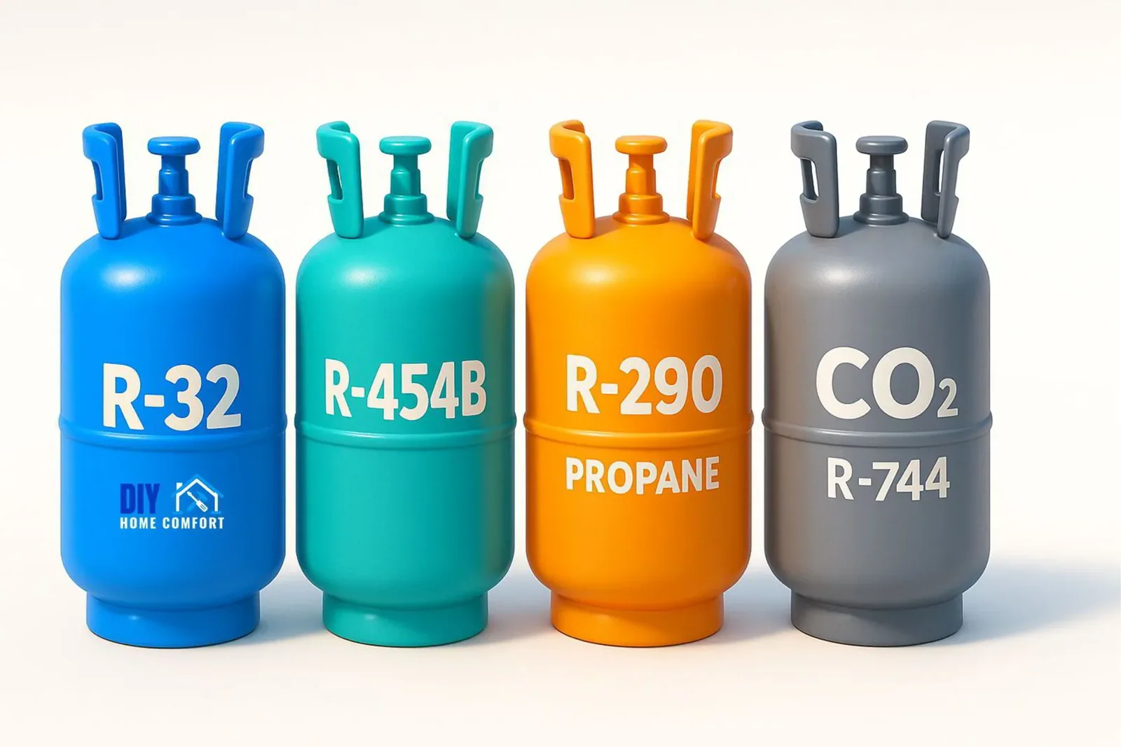Four colored refrigerant cylinders—R-32, R-454B, R-290 propane, and CO₂—illustrated in a bright Pixar-style render.