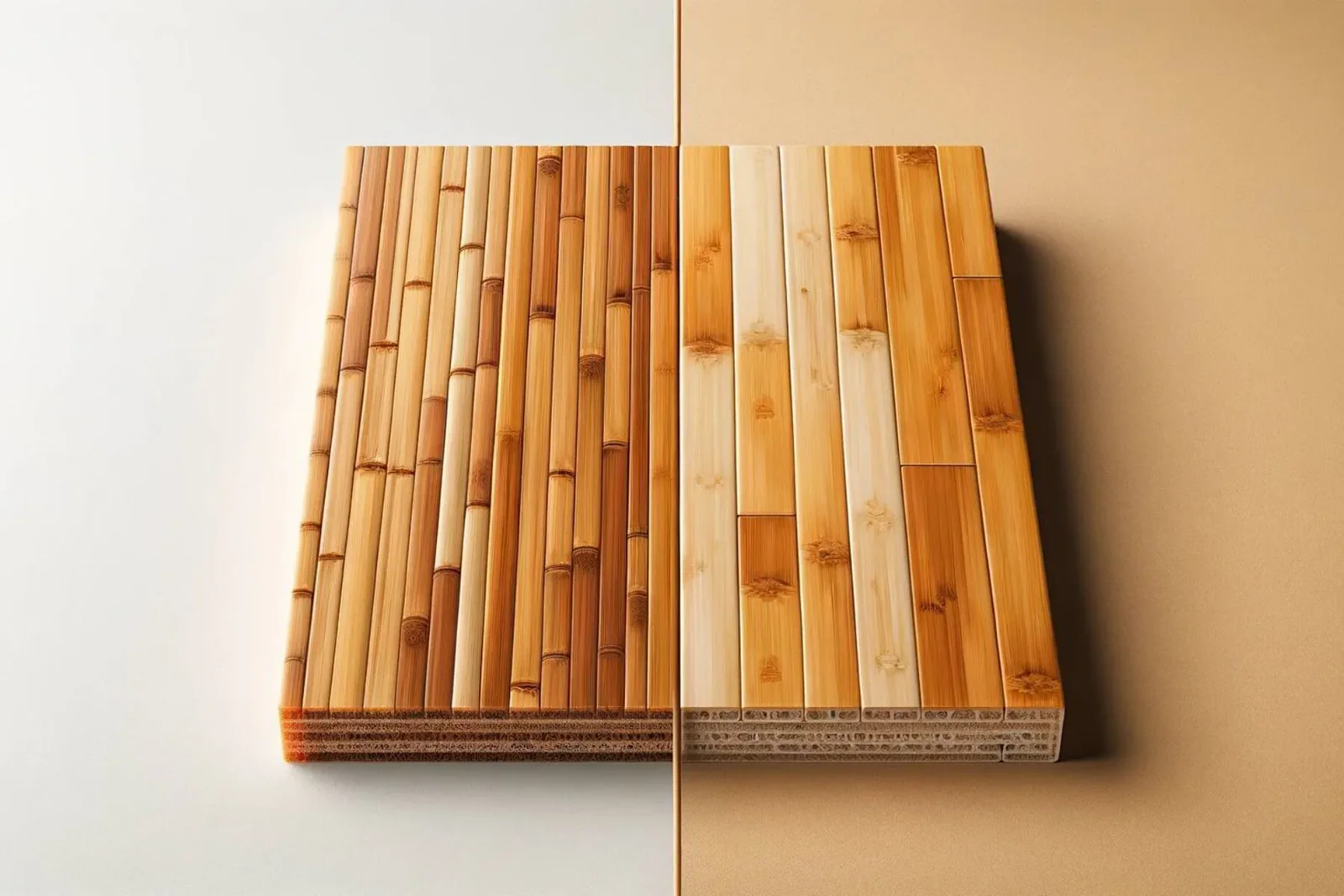 solid bamboo flooring on the left with engineered bamboo flooring on the right