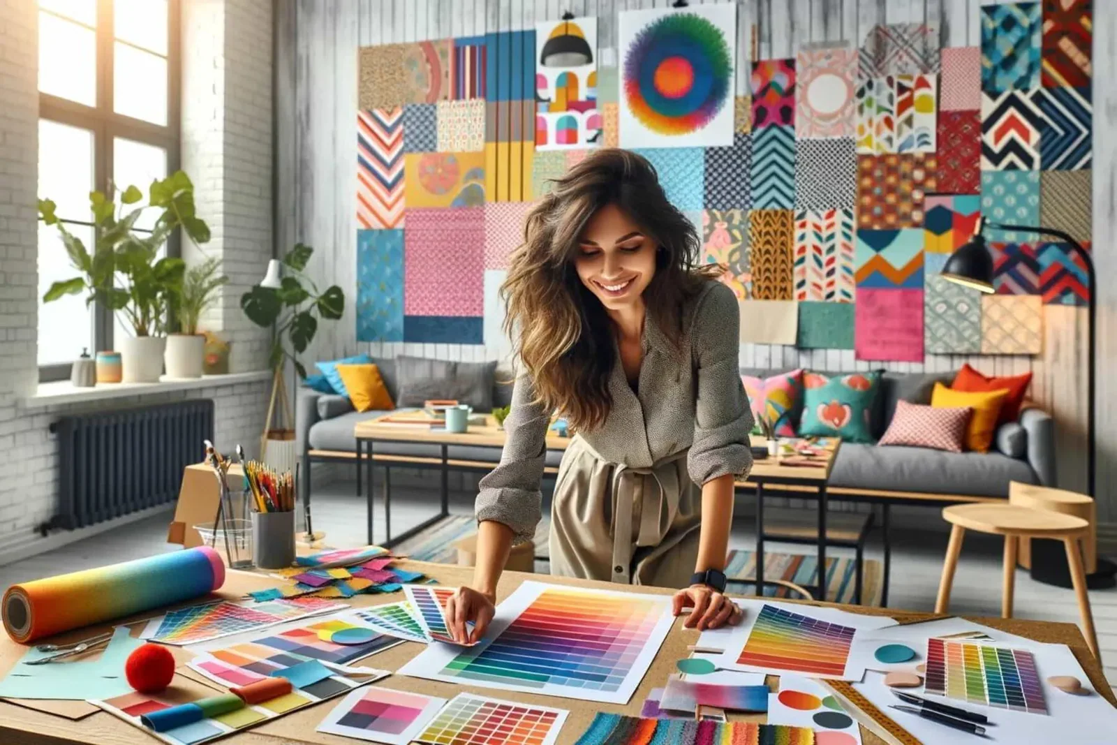 young stylish interior designer checking color palettes