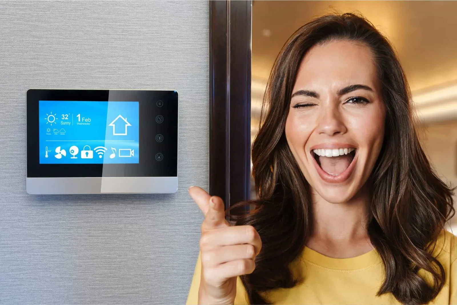 female homeowner happy with her smart thermostat