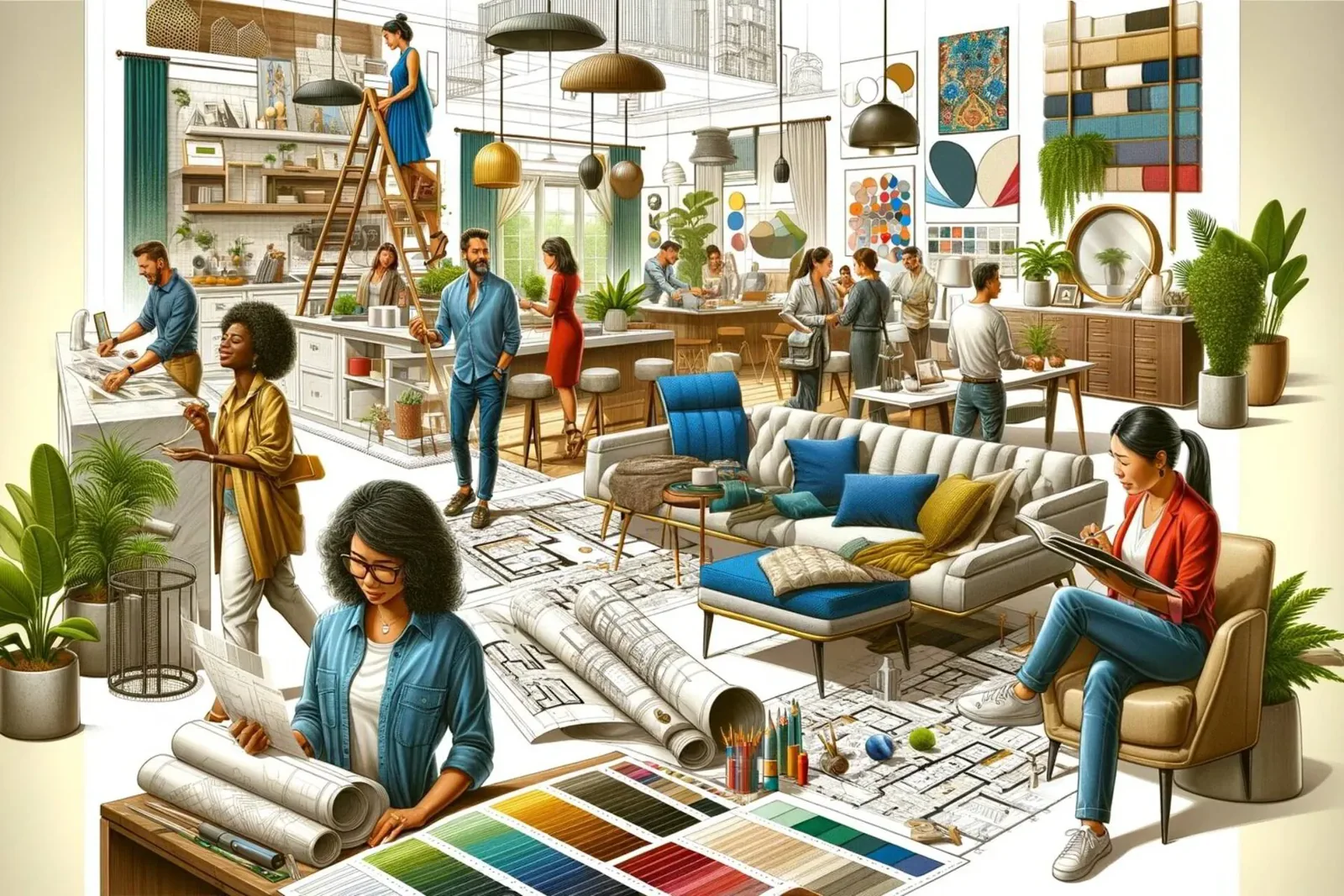 lively and detailed representation of interior designers specializing in various areas, like commercial and residential design