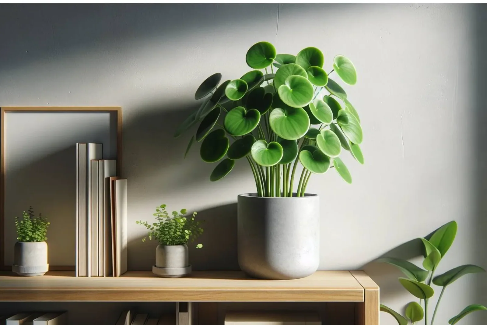 Chinese money plant on a sunny shelf