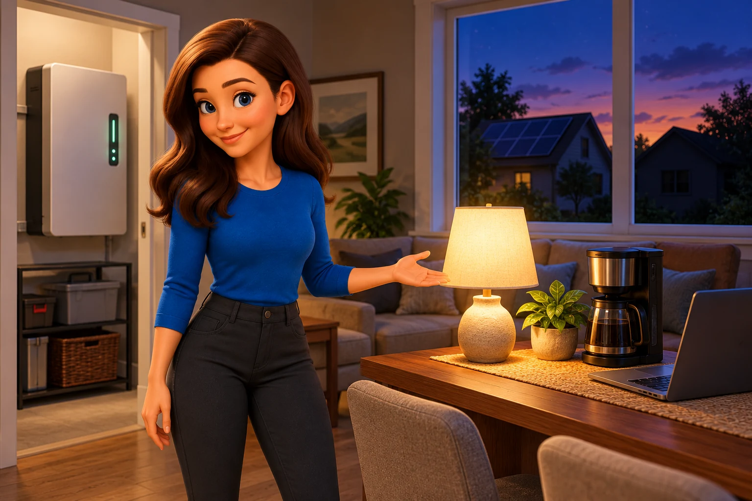 Illustration of a woman beside a lit lamp and an enclosed home battery at dusk.