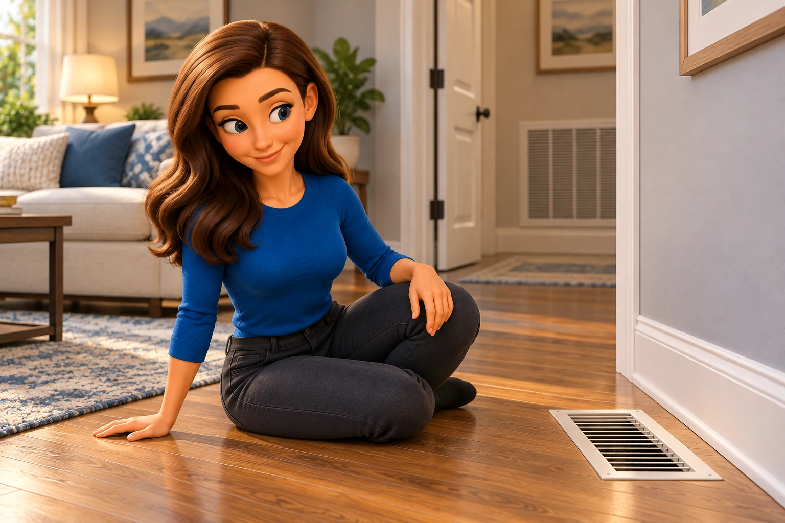 Mascot seated beside an open supply register in a living room with an unobstructed return grille.