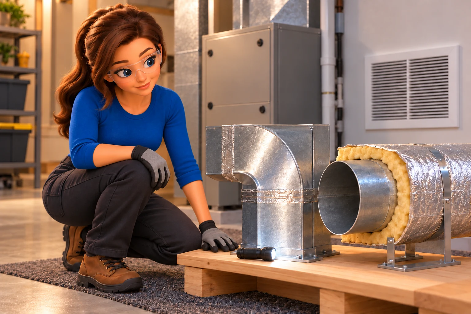 Female mascot wearing safety glasses and gloves, kneeling beside duct teaching models with an inspection light on the bench.