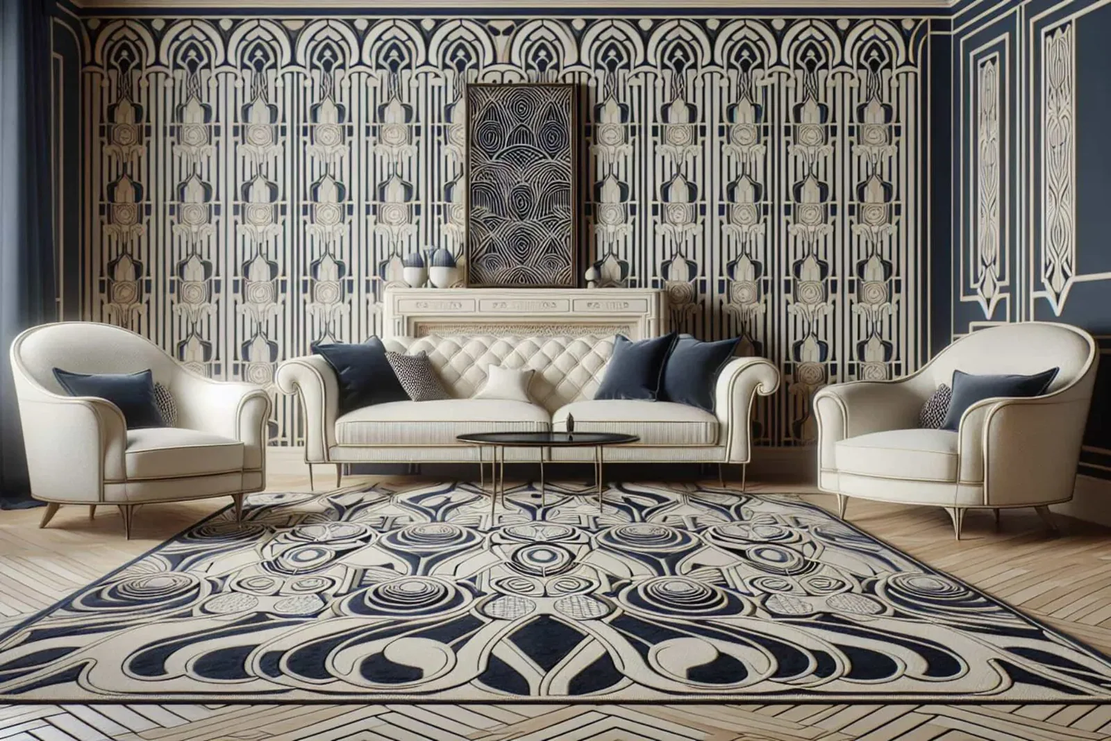 An illustration of various interior design elements creating visual harmony and flow in a space, representing the concept of rhythm in interior design.