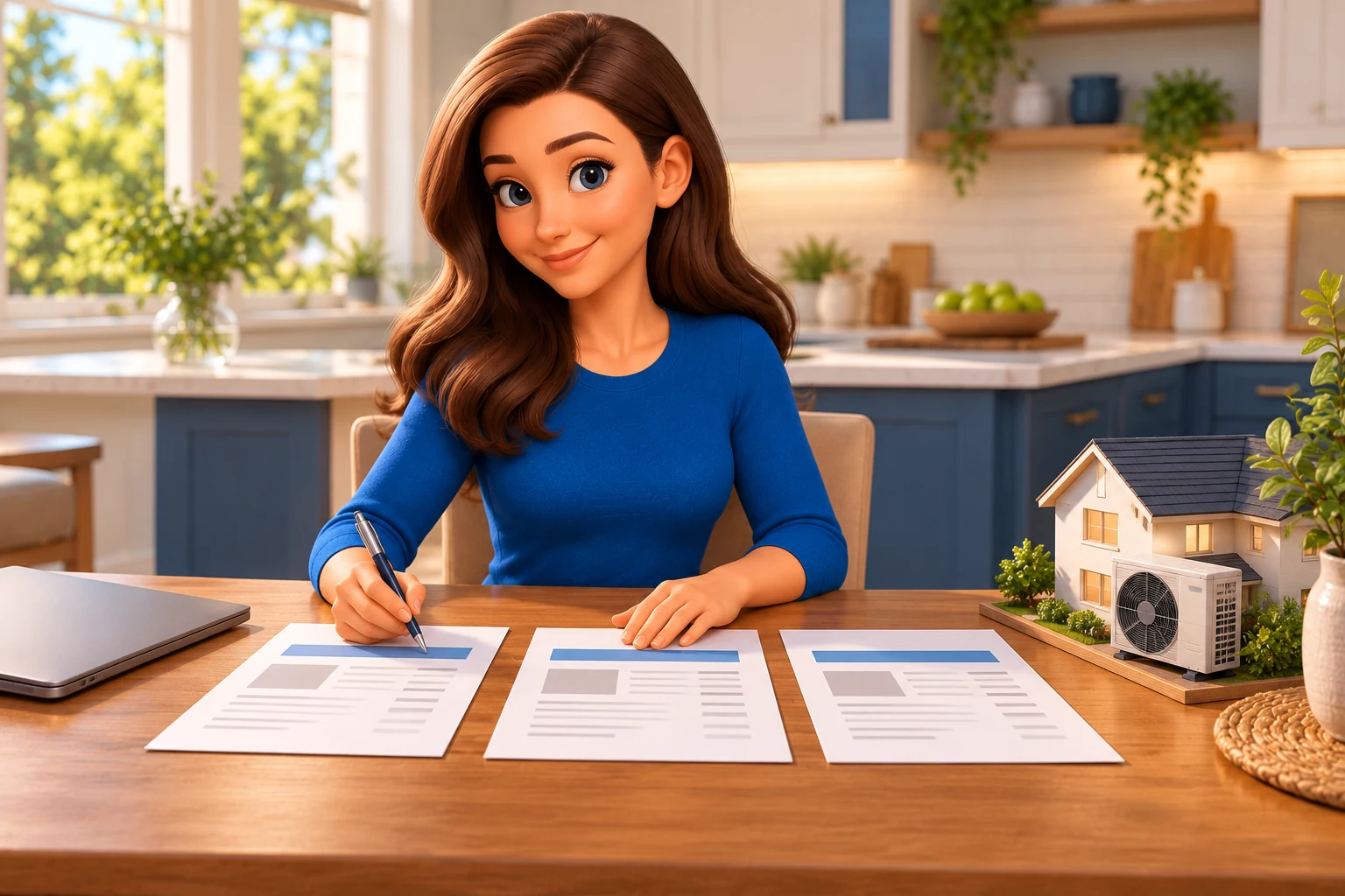 Mascot seated at a table comparing three installation proposals with a pen and house model.