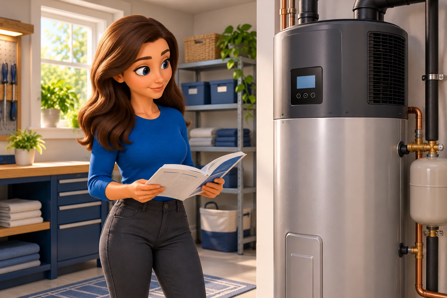 Mascot standing beside a closed heat pump water heater reading the model’s instruction booklet.