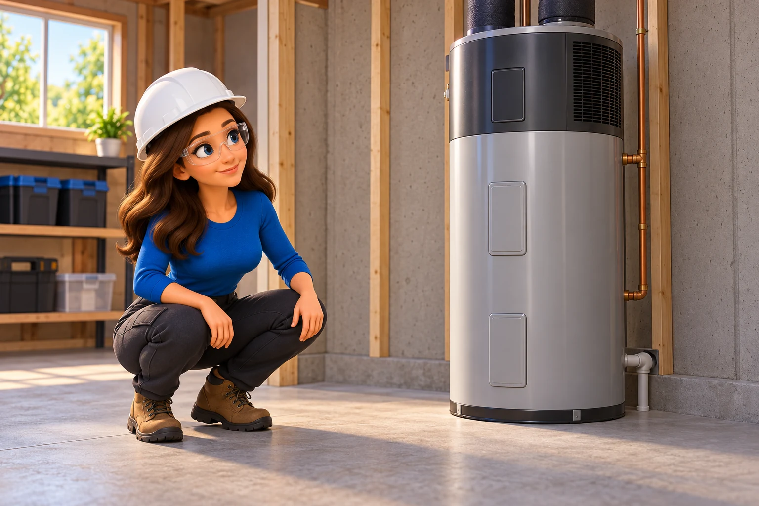 Mascot in safety glasses and hard hat assessing space beside a closed heat pump water heater.
