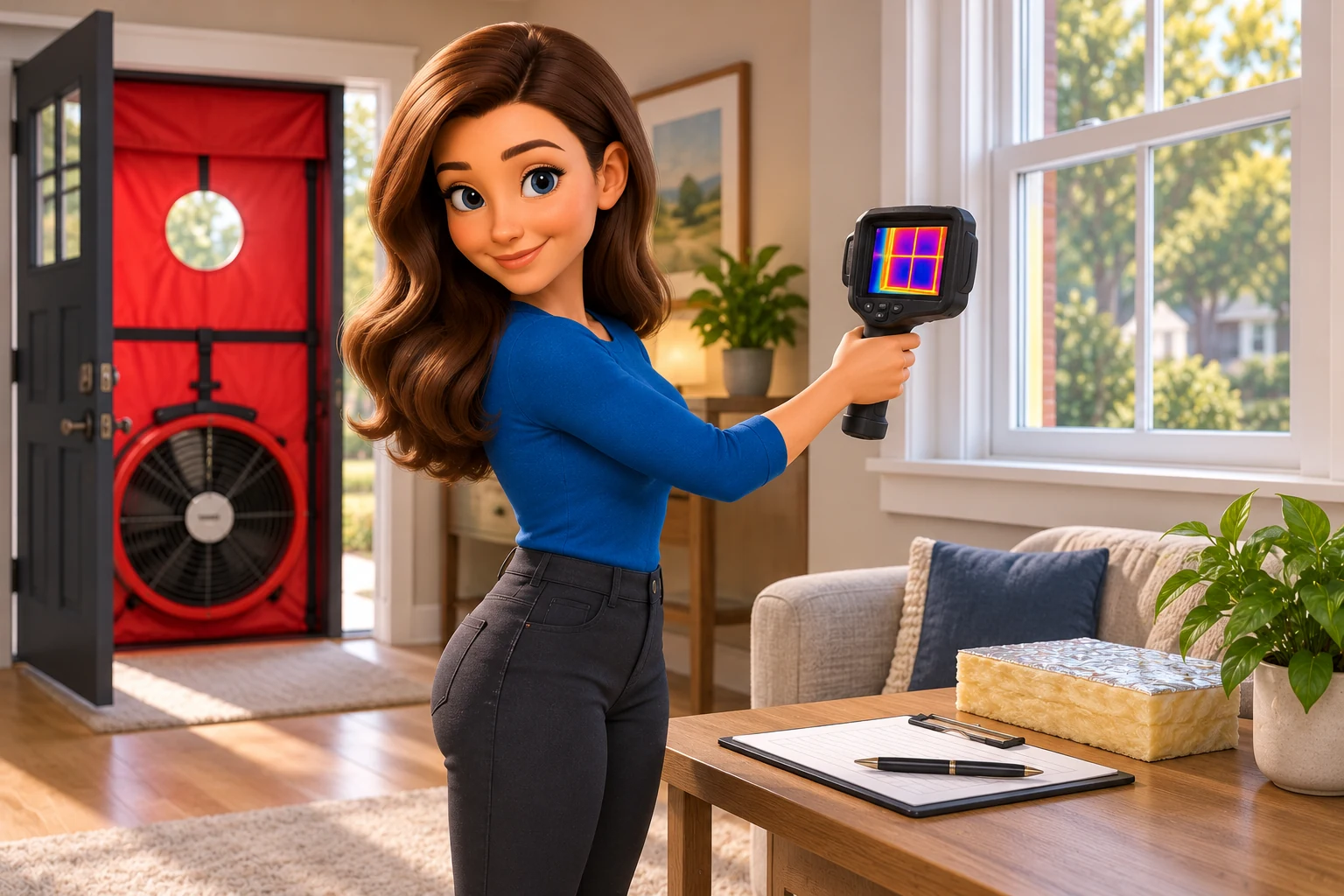 Female mascot using a thermal camera during an illustrated home energy assessment, with a blower-door fan in the background.