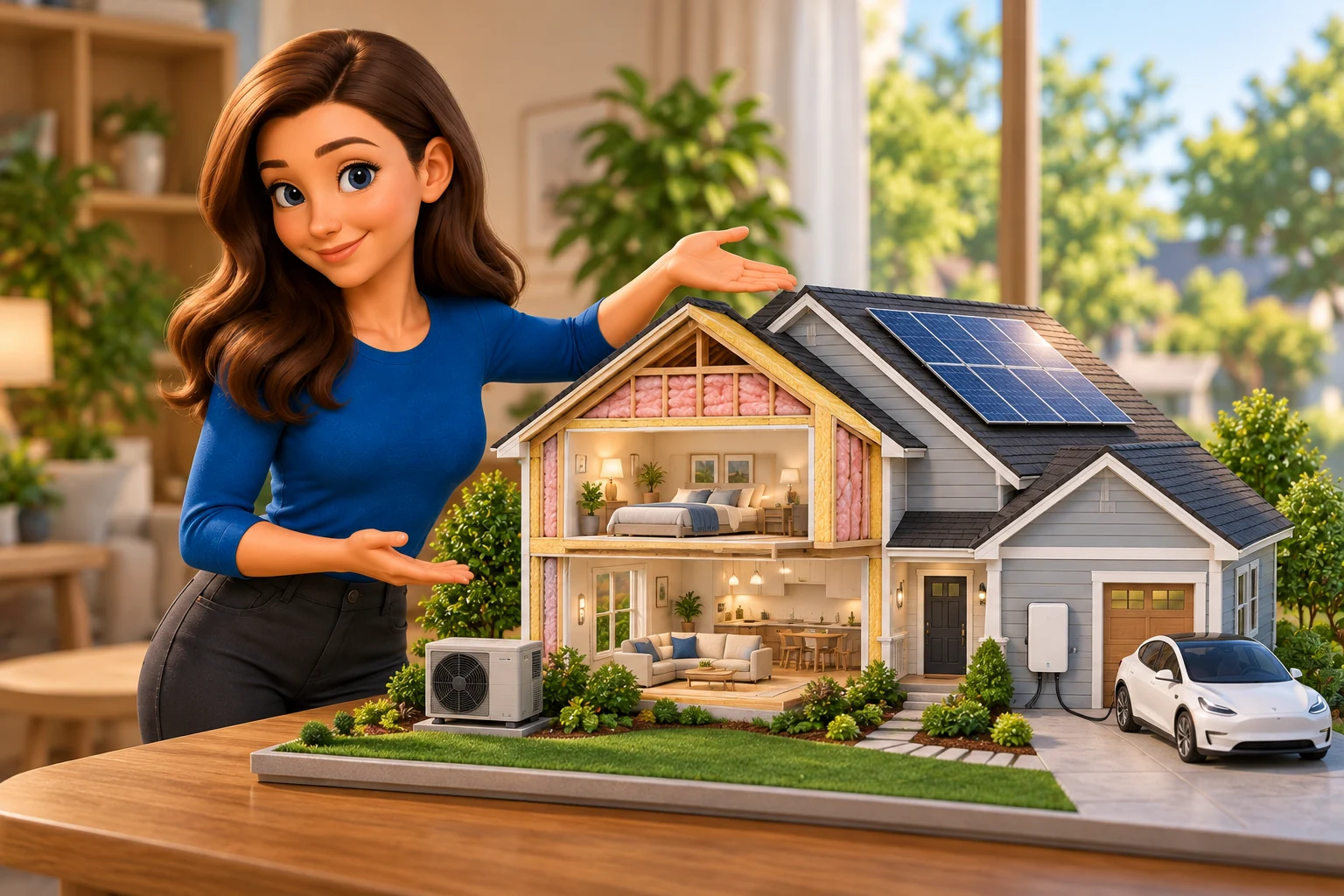 Female mascot in blue presenting a model home with insulation, a heat pump, solar panels, battery storage and an EV.