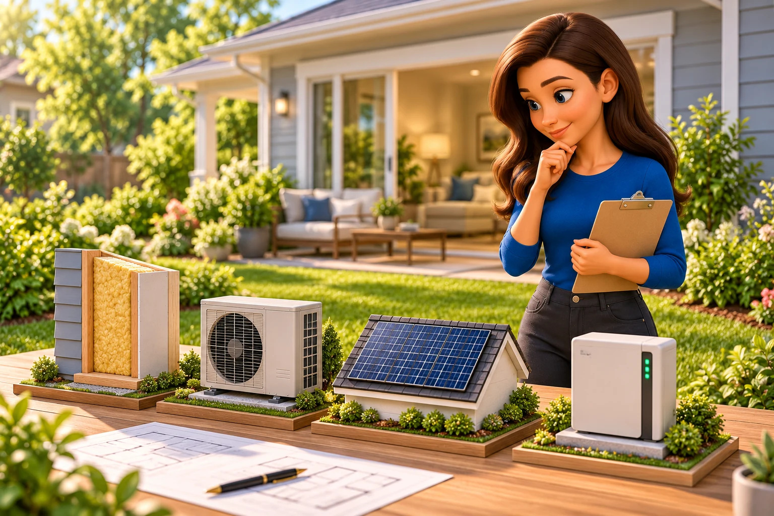 Female mascot holding a clipboard and considering insulation, HVAC, solar and battery upgrade models.