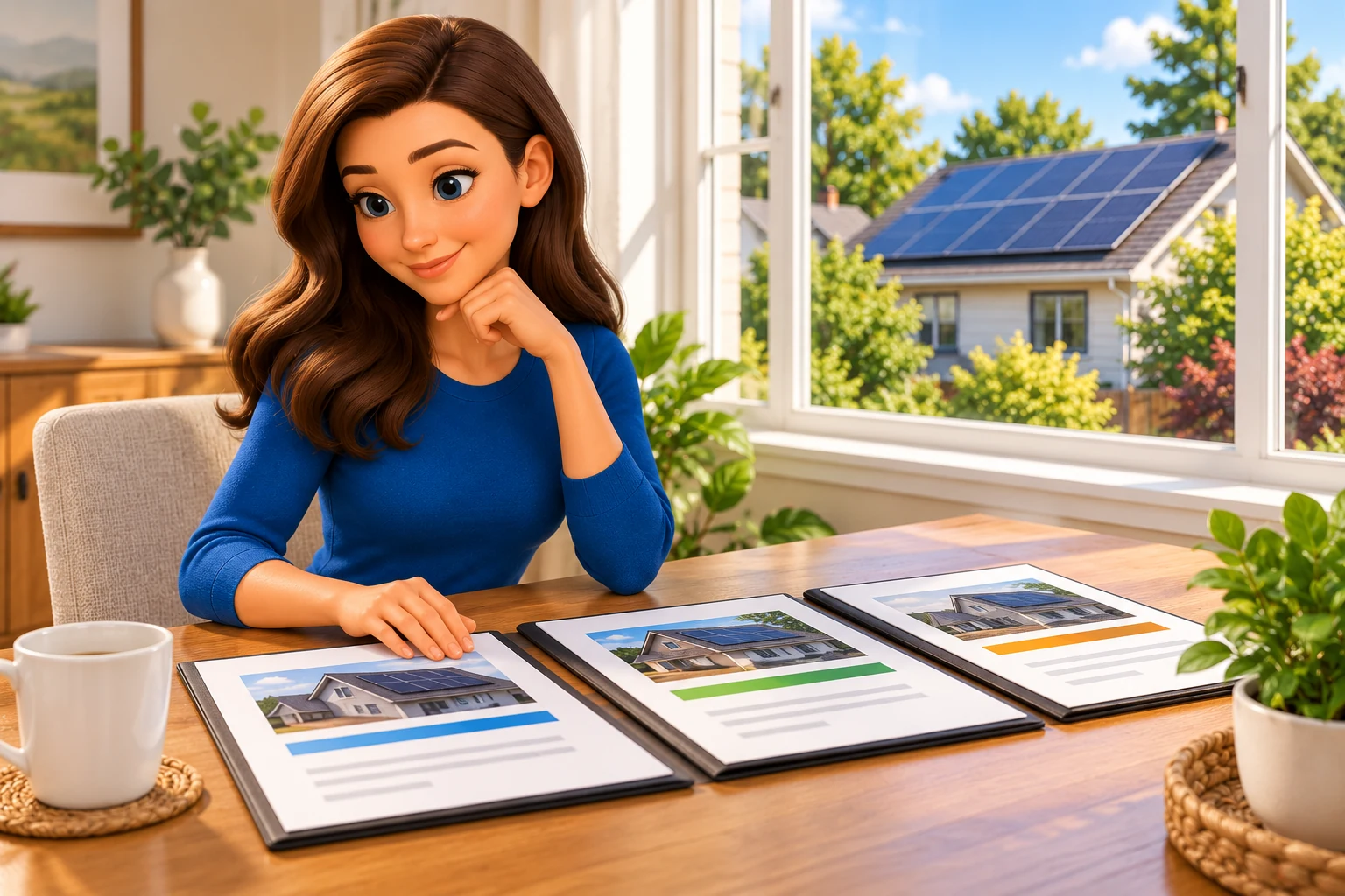 Illustration of a woman comparing three solar proposals at a table.