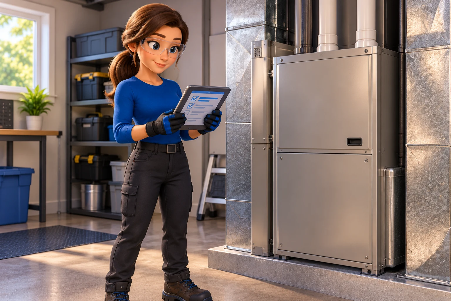 Mascot wearing safety glasses and gloves, reviewing a tablet beside a closed HVAC cabinet.