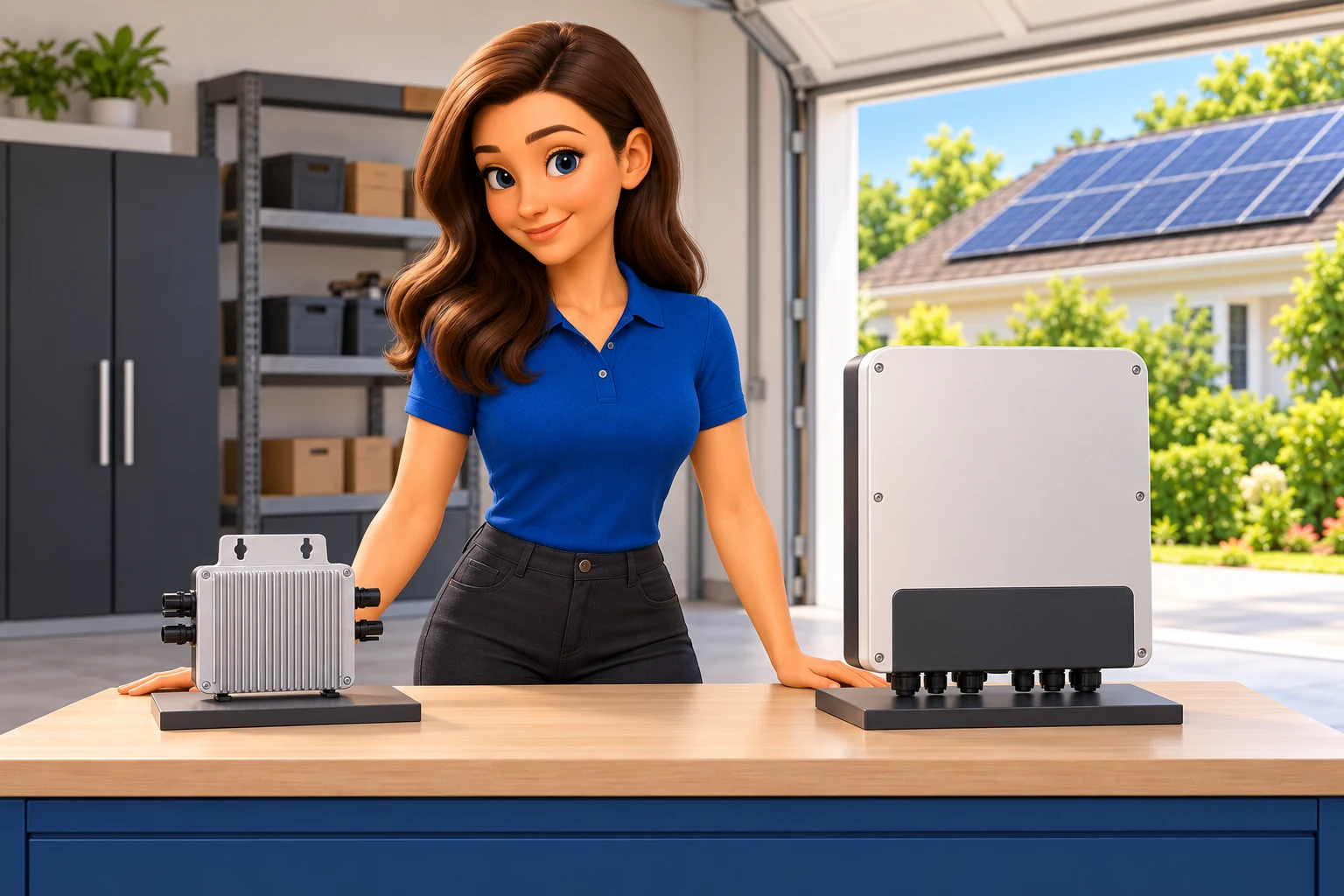 Illustration of a woman beside enclosed display examples of a small microinverter and a larger string inverter.