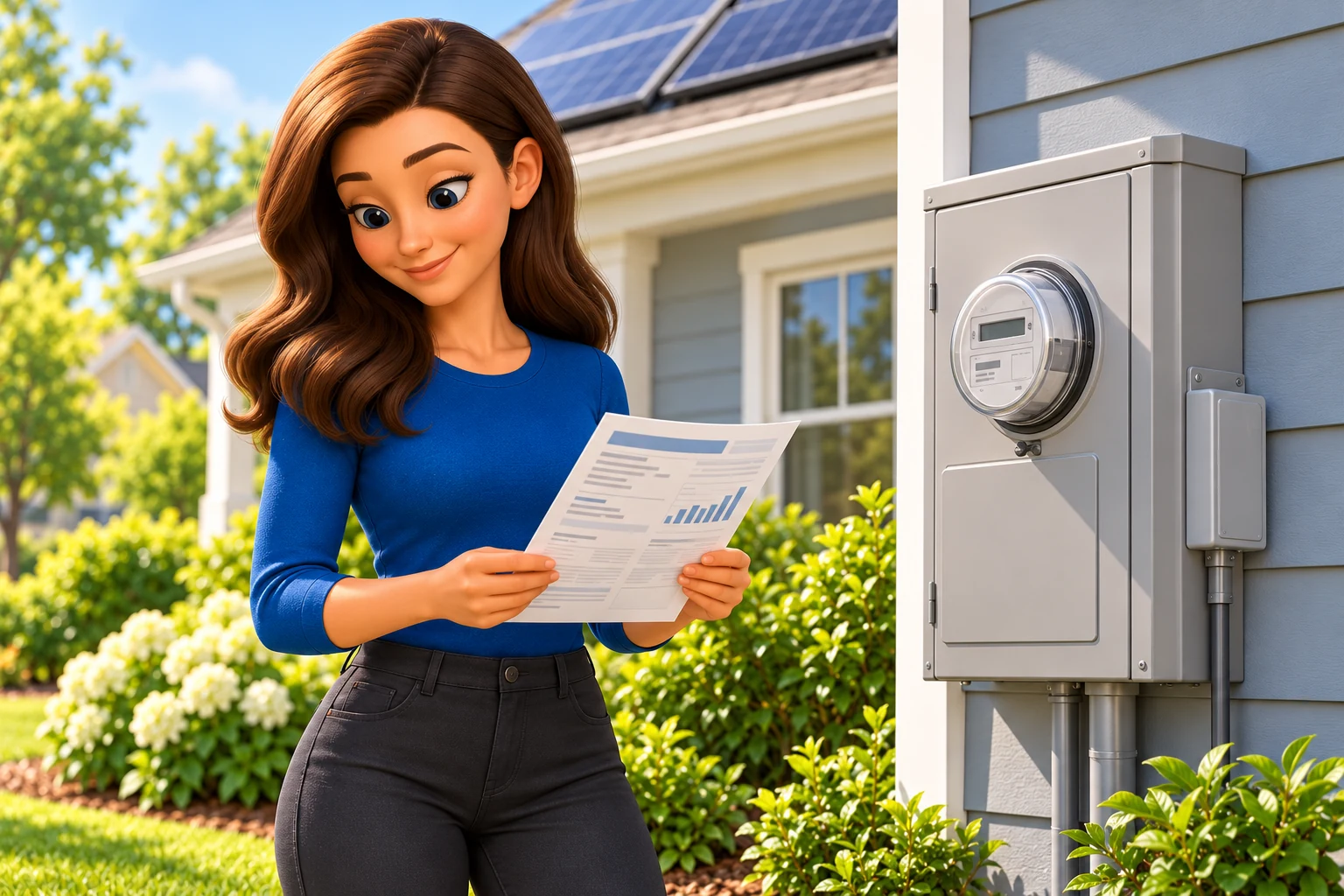 Illustration of a woman reading an electricity statement beside a closed utility meter cabinet.