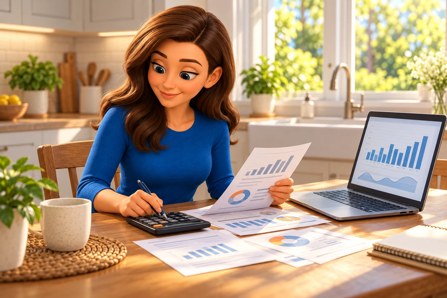 Female mascot seated at a kitchen table, reviewing an energy bill with a pen and calculator.