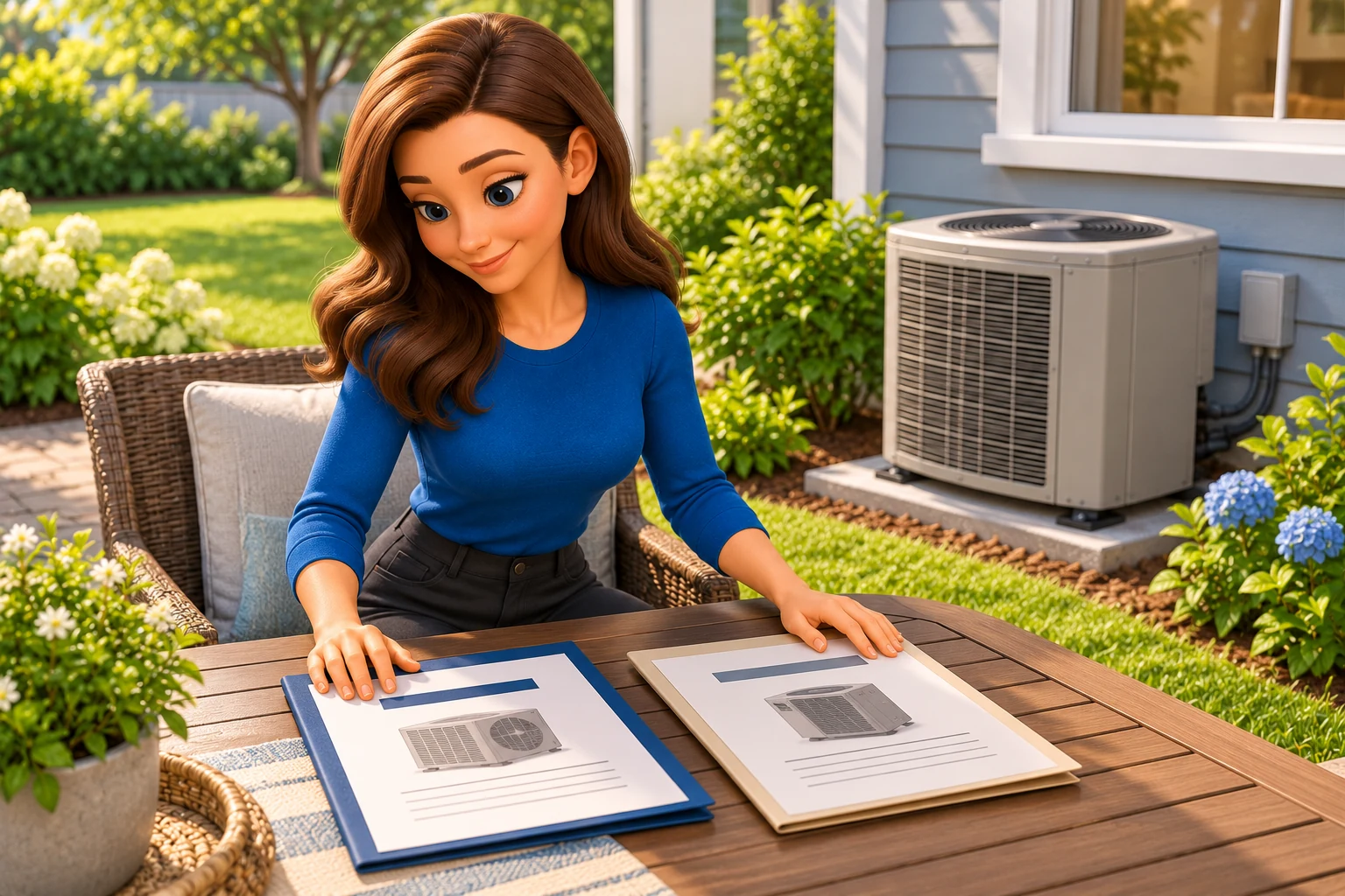 Mascot comparing two quote folders at a table with a closed outdoor air conditioner in the background.