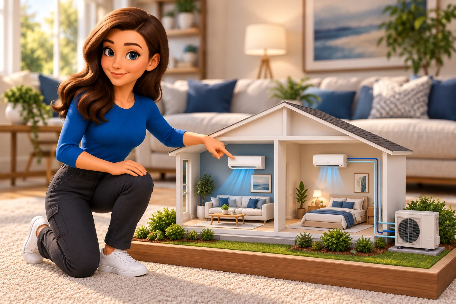 Mascot kneeling beside a two-room house model comparing ductless mini-split layouts.