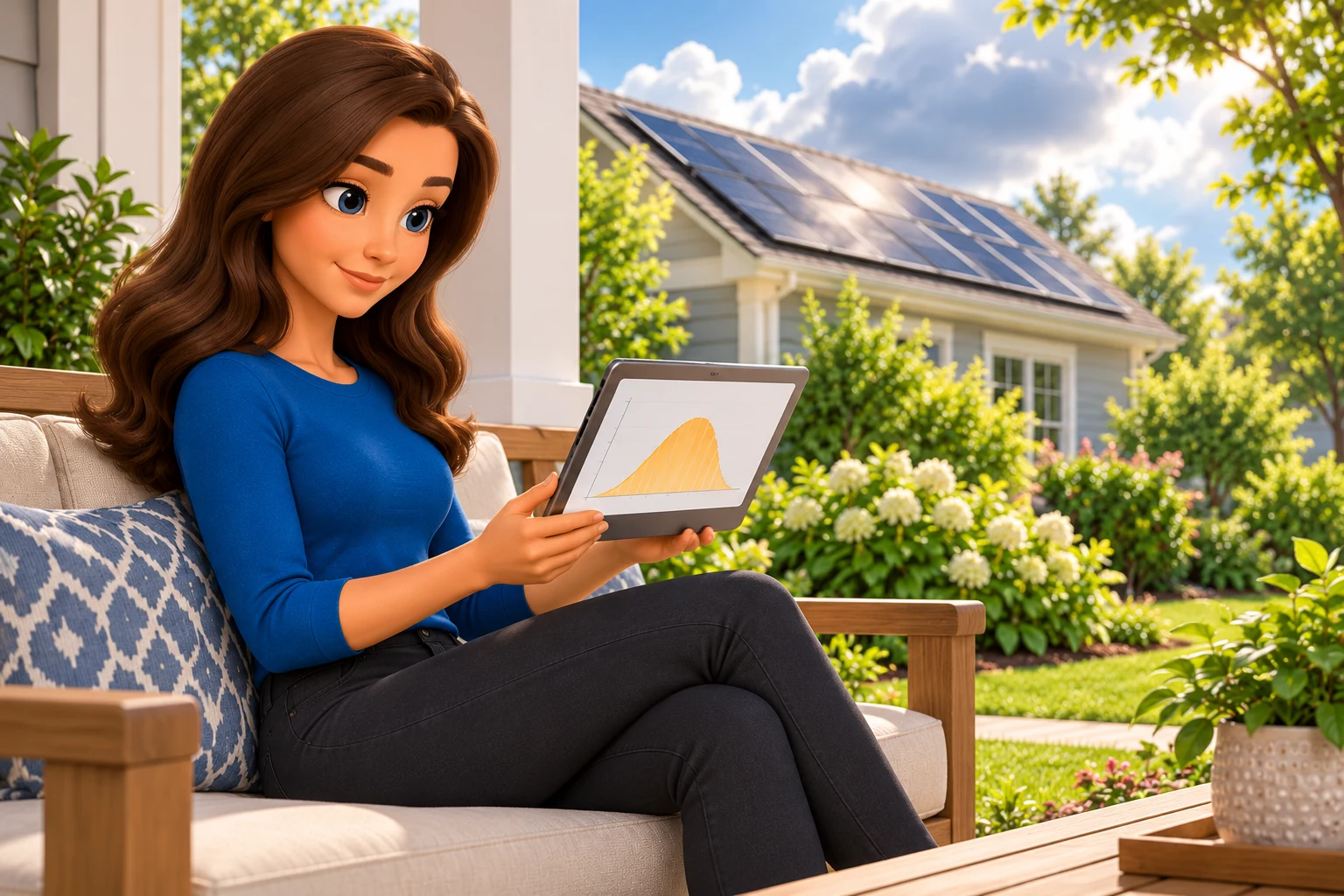 Illustration of a woman reading a solar production graph on a tablet from a porch bench.